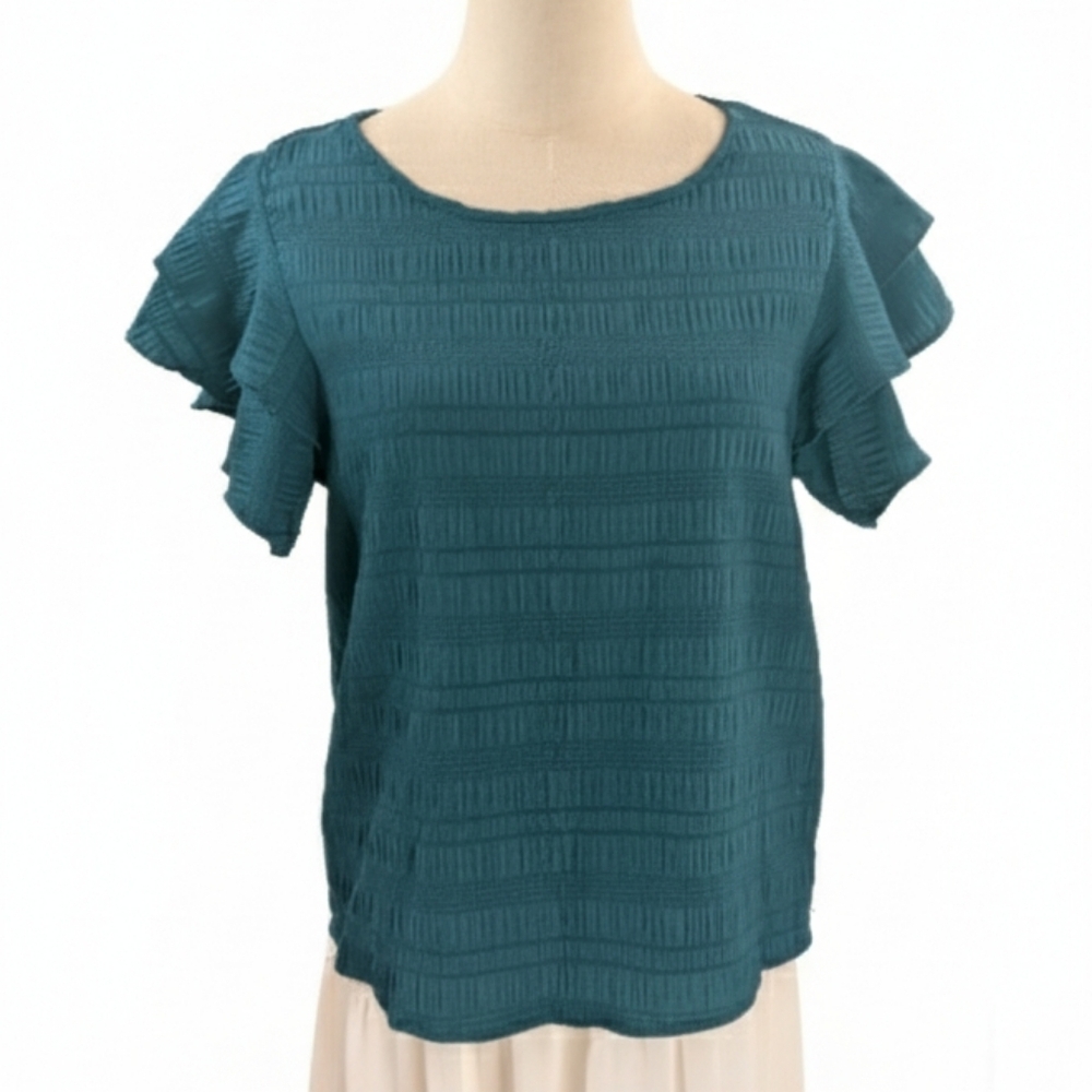 NWT Emery Rose Women's Size Medium Elegant Deep Teal Blue Ruffle Sleeve Top